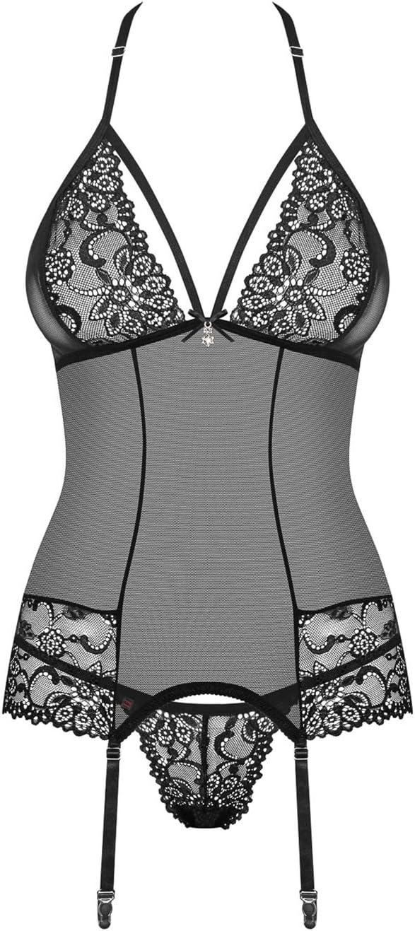 Obsessive 838-COR-1 Halter-Neck Corset & Lace Thong Set; S/M, Black, 100 g,small/medium (UK 6 to 10), S-M
