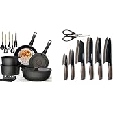 Astercook Non Stick RV Pots and Pans Ceramic Kitchen Cookware Set and Astercook 13-Piece Kitchen Knife Set with Black Anti-Rust Coating Stainless Steel Chef Knives Set