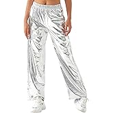 ODIZLI Womens Shiny Metallic High Waist Stretchy Jogger Pants Holographic Hip Hop Club Wear Streetwear