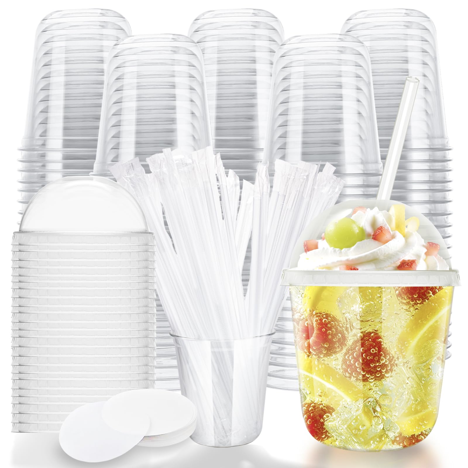 Photo 1 of 12oz Disposable Stemless Glasses With Dome Lids and Straws,PET Disposable Drinking Cups,Clear Plastic Wine Glasses for Parties Birthday,Wedding,Meeting,Christmas Party Supplies (100, Transparent)