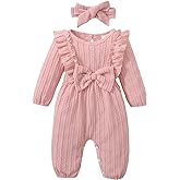 Happy Town Baby Girl Romper Infant Fall Winter Clothes Ruffle Sweater Long Sleeve Bodysuit Jumpsuit and Headband