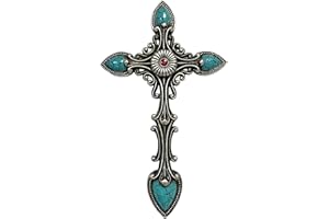 De Leon Collections 14230 Vintage Ornate Antique Turquoise and Silver Tone 15.5 Inch Polyresin Southwestern Decorative Home Décor Hanging Sculpture Wall Cross