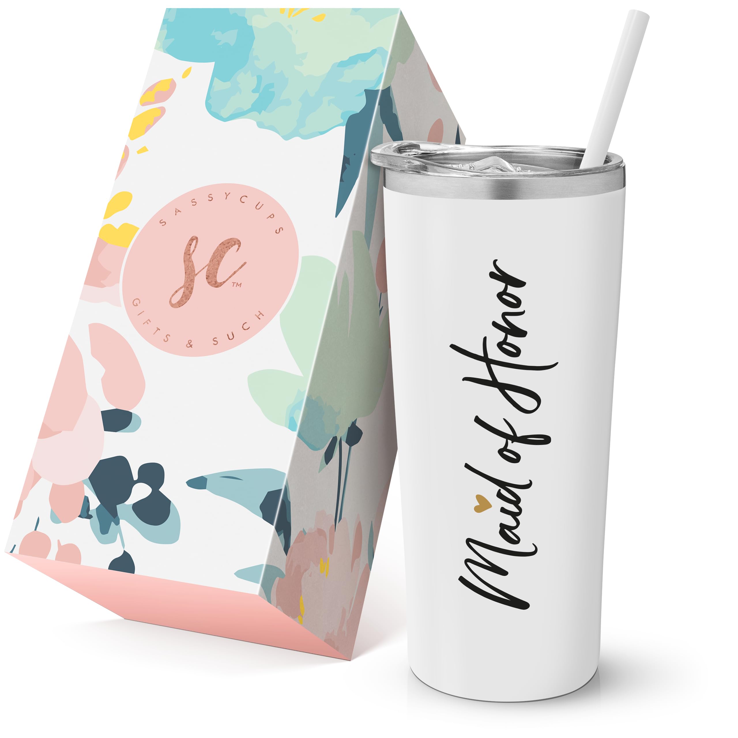 SassyCups Maid of Honor Cup | Vacuum Insulated Stainless Steel Tumbler with Lid and Straw | Will You Be My Maid of Honor Travel Mug | Proposal Gifts | For Bridal Party | 22 Oz, White