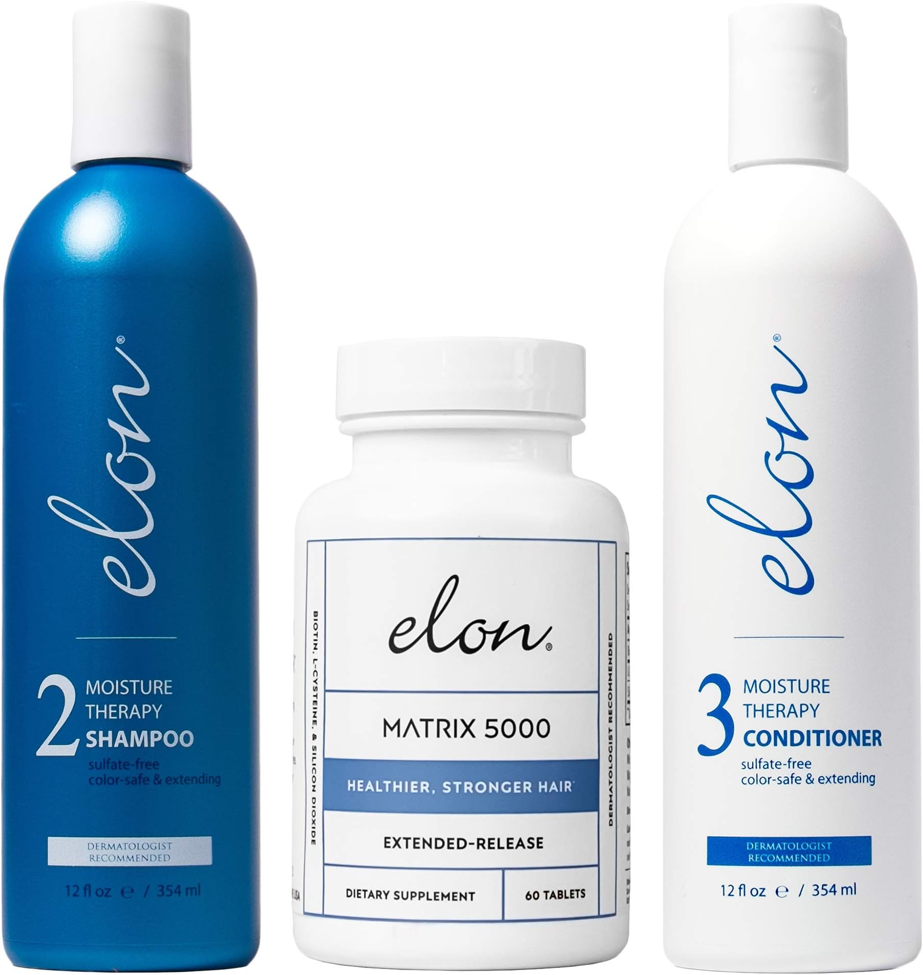 Elon Thinning Hair System - Maintenance | Dermatologist Recommended | Elon Moisture Therapy Shampoo, Elon Moisture Therapy Conditioner, Elon Matrix 5000 Hair Vitamins (60 tablets)