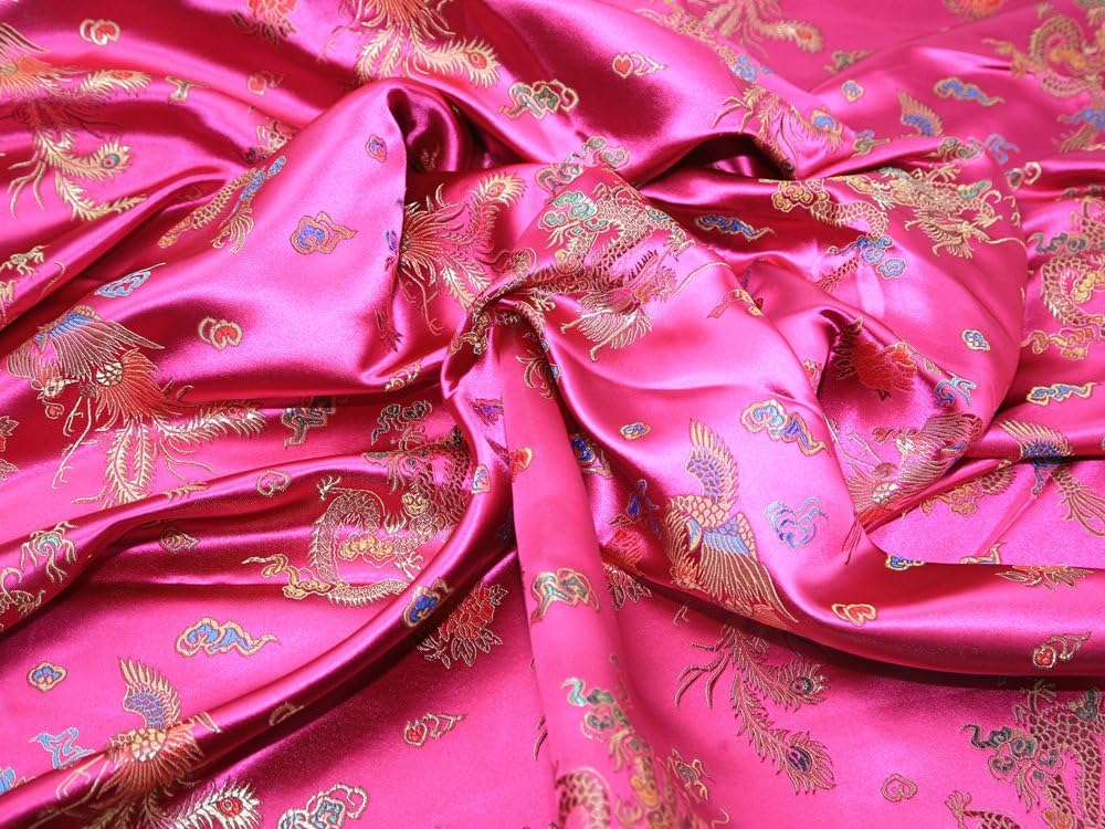45" wide Chinese Satin Brocade Dress Fabric Cerise Dragon - per metre