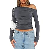 ForeFair Women Sexy Off The Shoulder Long Sleeve Tops Y2k Ruched Going Out Tops Slim Fit Fall T-Shirts