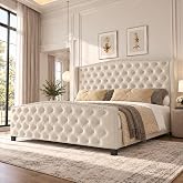 LARMACE King Size Bed Frame Velvet Upholstered Platform Bed with Wingback Headboard &amp; Footbaord, Deep Button Tufted Bed Frame with Wood Slats Support, No Box Spring Needed, Beige