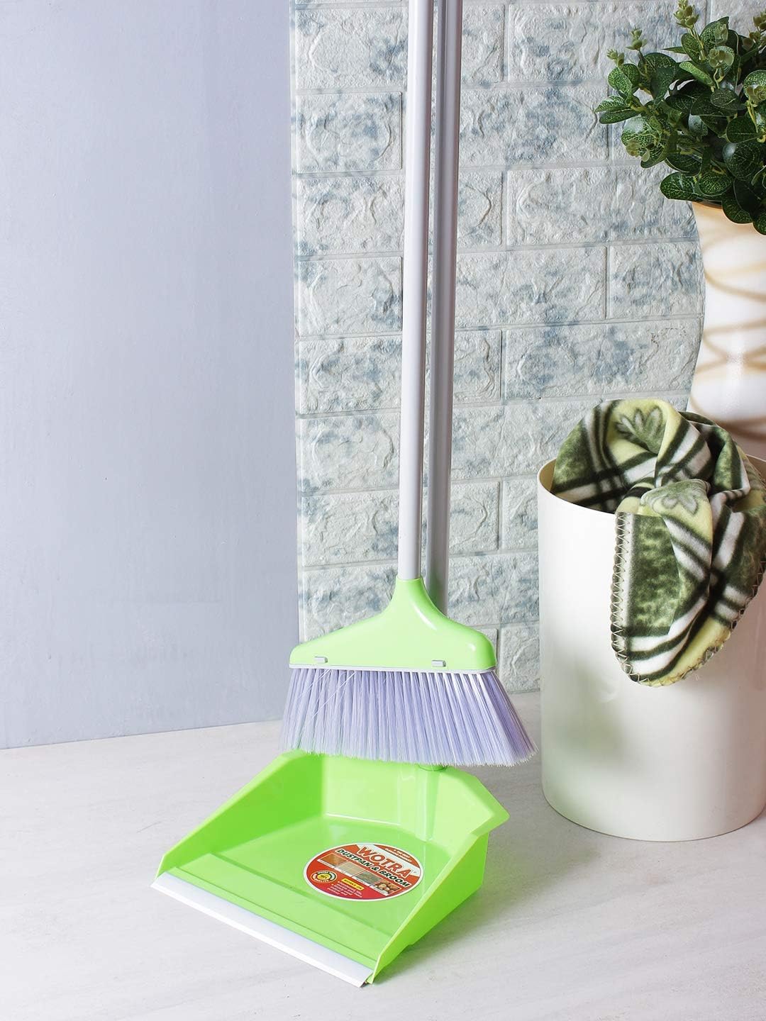WOTRA Long Handle Fiber and Metal for Cleaning & Sweeping Broom and Dust Pan Standing Upright Grips Sweep Set Diamond…