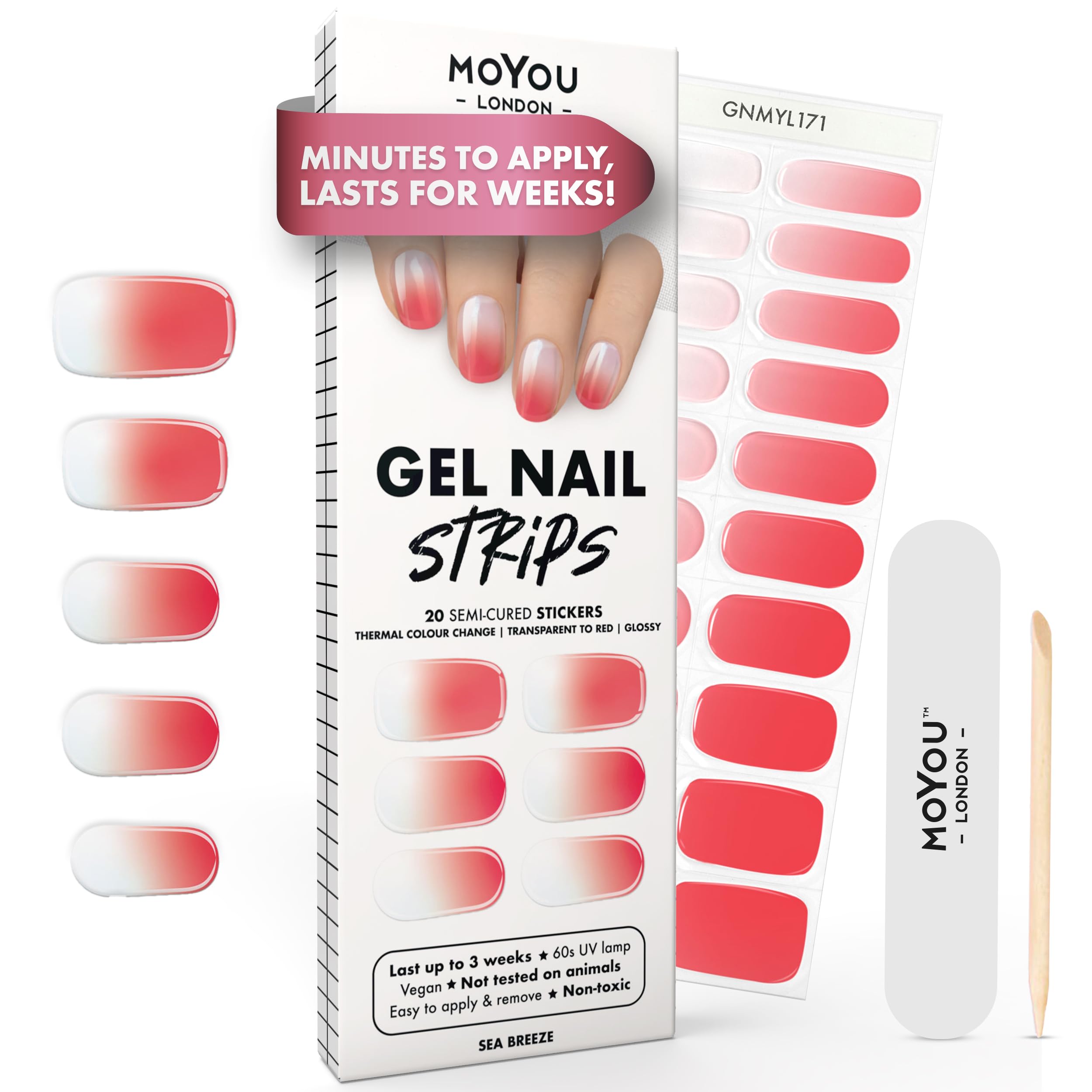 MOYOU LONDON Semi Cured Gel Nail Strips - 20 Pcs. Waterproof Gel Nail Wraps, Cures in Sunlight or UV/LED Lamp, Lasts Up to 2+ Weeks, Stretchable, Easy to Apply & Remove, Vegan & Cruelty-Free