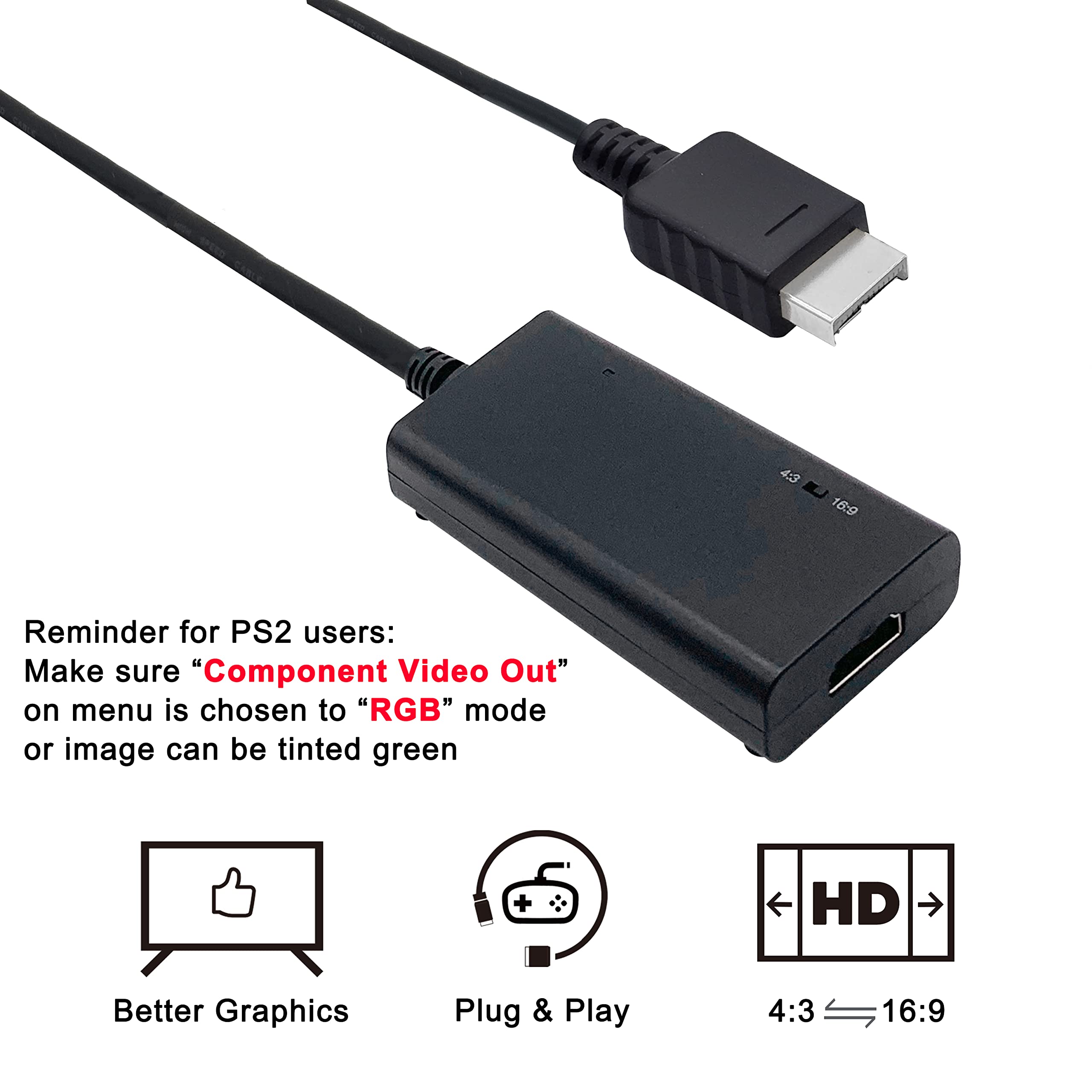 HDMI Cable for PlayStation 2 & PlayStation 1 Console (PS2 & PS1), PS1/PS2 to HDMI Adapter with True RGB Signal Output (100% Improved Video Quality), HD Converter with 4:3/16:9 Switch