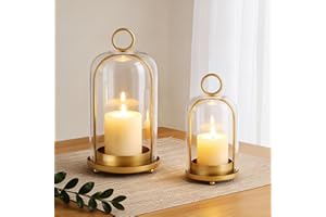 5"&4" Metal Candle Holder, Hurricane Glass Candle Holders with Handmade Glass Dome, Hanging Brass Candle Lantern for Pillar C