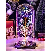 Valentines Day Rose Gifts for Her Women Birthday Gift Galaxy Glass Rose Forever Eternal Crystal Flowers Roses in Glass Dome with Butterfly Valentine Gifts for Women Daughter Mom Wife Girlfriend Purple