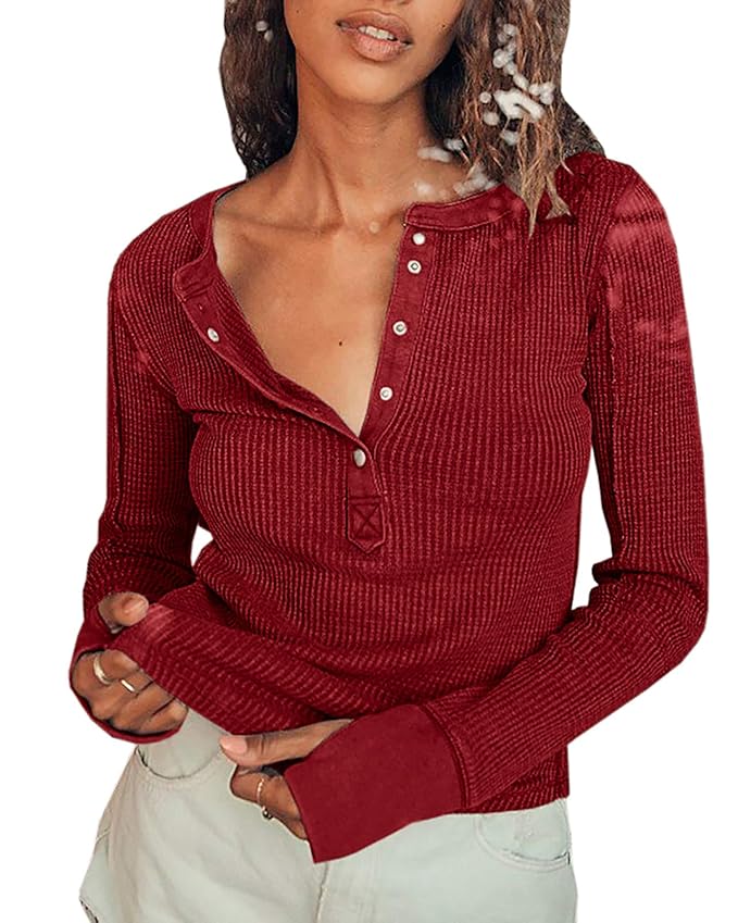 Womens Long Sleeve Button Down Henley Shirts Warm Waffle Knit Tops with Thumb Hole Slim (Wine