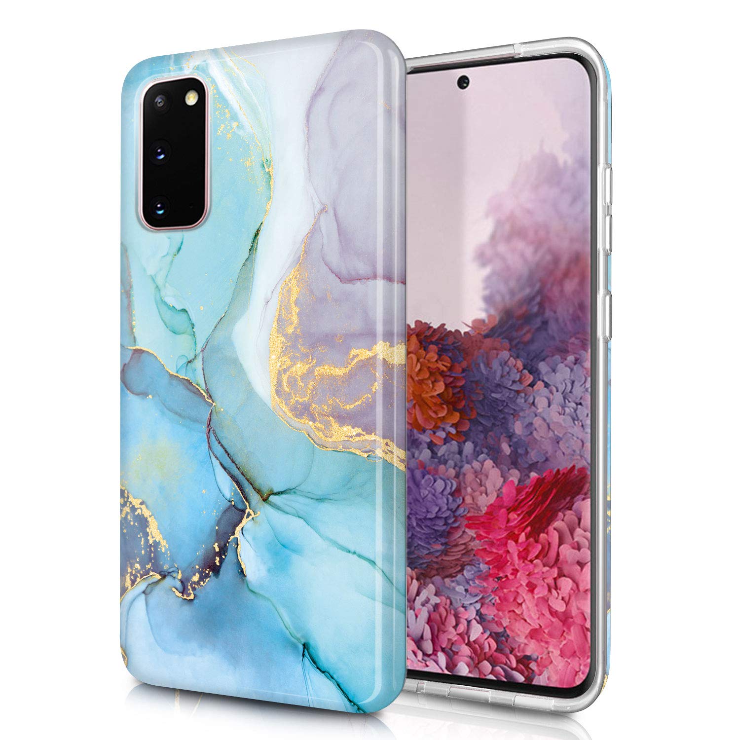 JAHOLAN Galaxy S20 Case Bling Glitter Sparkle Marble Design Clear Bumper Glossy TPU Soft Rubber Silicone Cover Phone Case for Samsung Galaxy S20 5G 6.2 inch - Mint