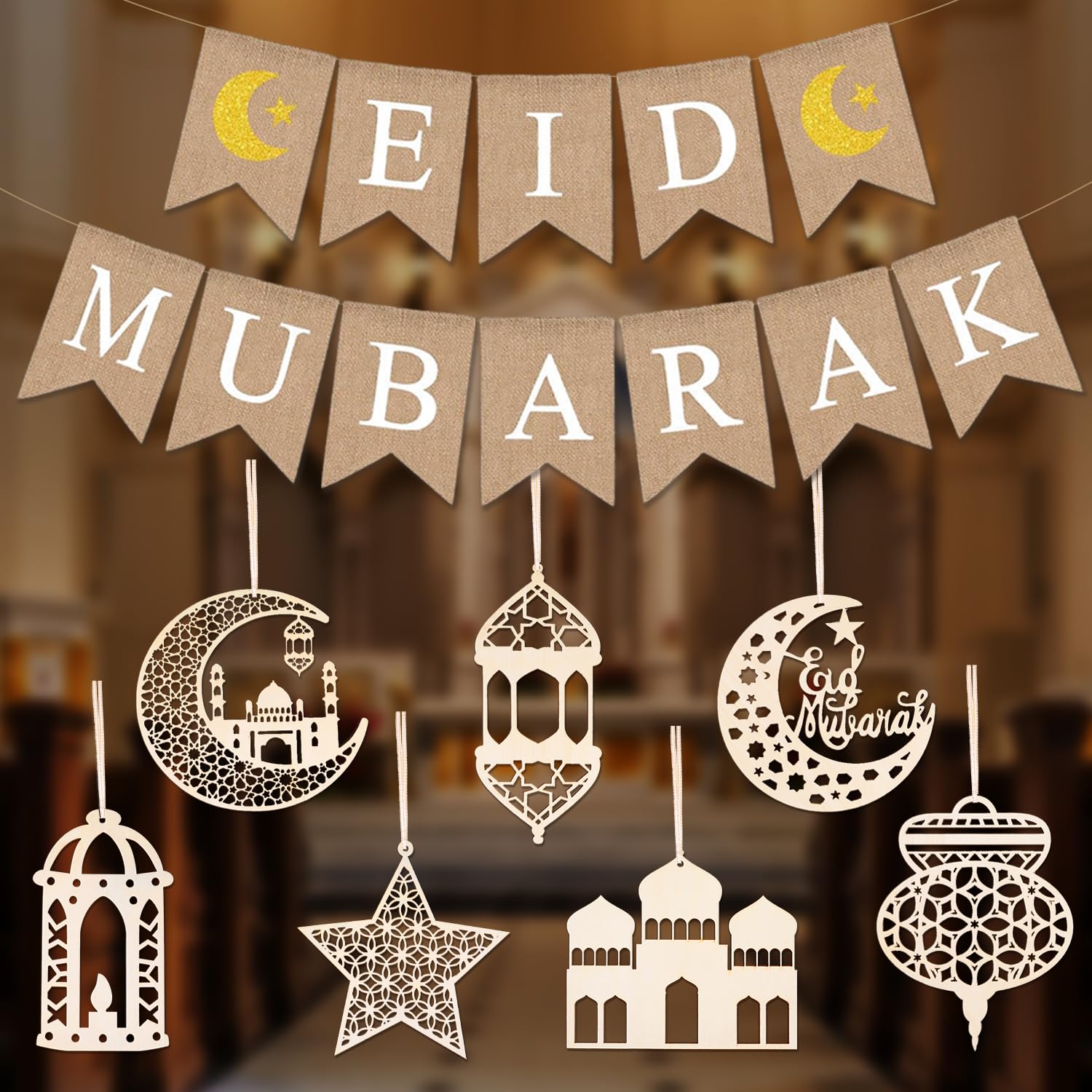 iZoeL Wooden EID Decorations for Home Burlap EID Mubarak Banner, Wooden Hanging Ornaments for Restaurant Garden Al Adha Decorations