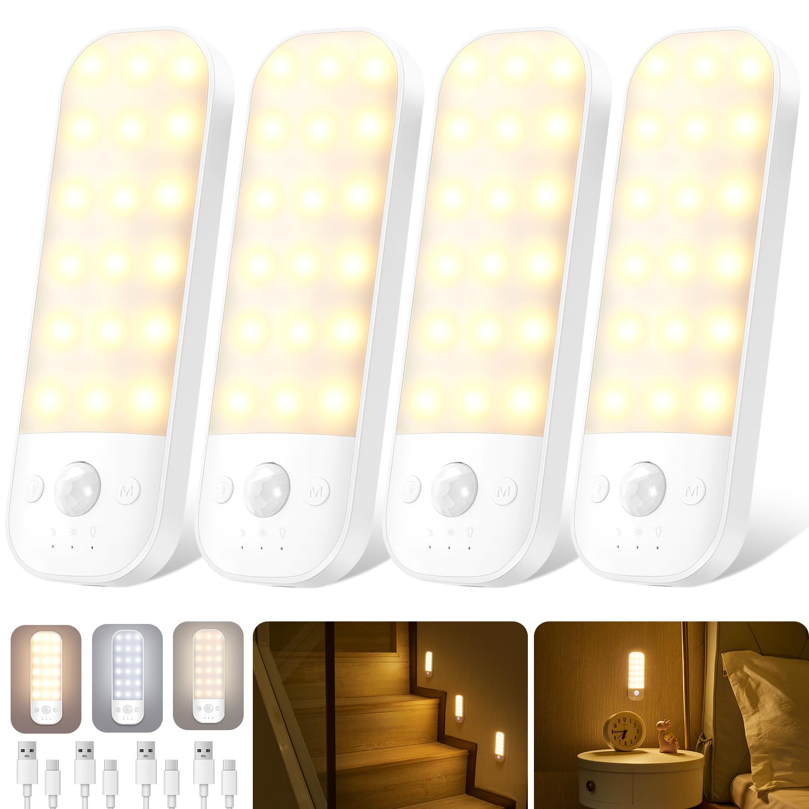 Ledronix Motion Sensor Lights Indoor, 4 Pack USB Rechargeable LED Night Light with 3 Modes, 3 Light Color, Stepless Dimmable, with Removable Magnet Sheet Stick-On Cupboard Lights Wardrobe Lights