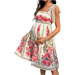 OYOANGLE Women's Maternity Floral Flowy Dresses Bow Tie Shoulder Short Sundress Sleeveless Boho Pregnancy Dress