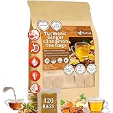 Premium Turmeric Ginger Cinnamon Teabags, Improve Digestion, Support Brain, Weight, Skin and Sleep, Eco-Conscious Tea Bags and Premium Natural Ingredients. Turmeric Ginger Herbal Tea. No Sugar, No Caffeine, No Gluten, Vegan.120 Bags TeaTrail