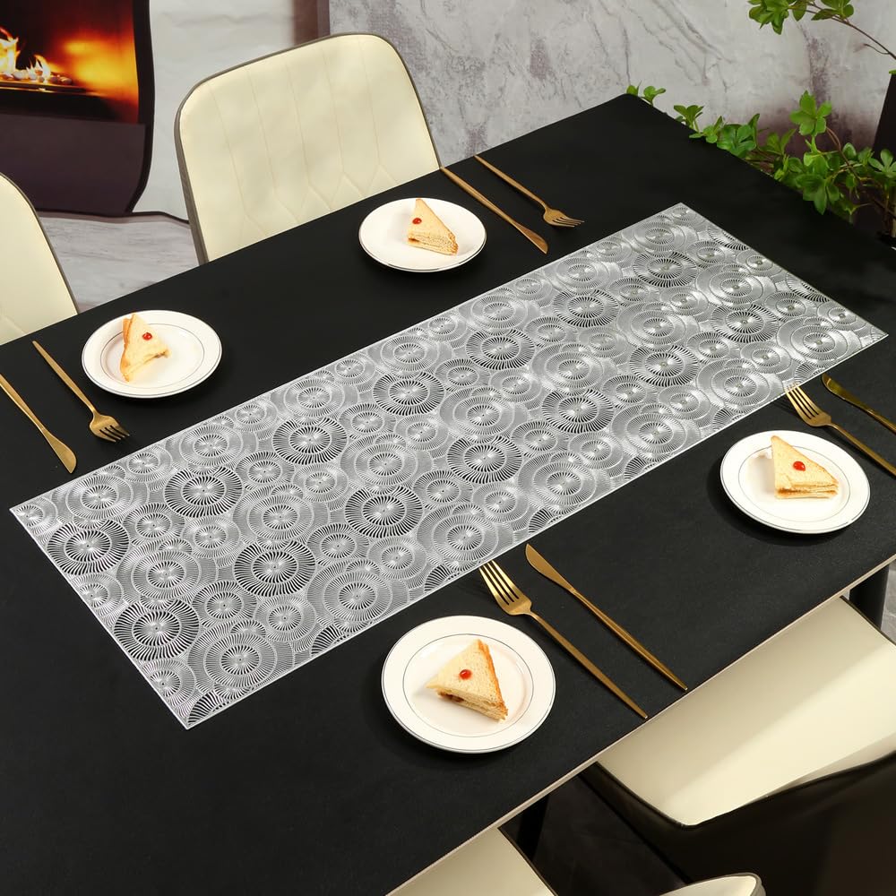 Hosoncovy Hollow Table Runner Non-slip Decorative PVC Table Mats Placemat Protective Heat Resistant Mats for Home Party Kitchen Dining Wedding Decor (92CM X 33CM) (Silver)