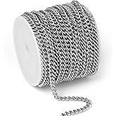 33FT Stainless Steel Curb Chain Roll, 5mm 304 Stainless Steel Flat Twisted Links Curb Chains Bulk Spool for Jewelry Making Necklace DIY Craft