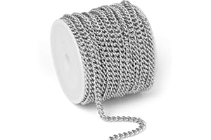 CADIKEZ 33FT Stainless Steel Curb Chain Roll, 5mm 304 Stainless Steel Flat Twisted Links Curb Chains Bulk Spool for Jewelry Making Necklace DIY Craft
