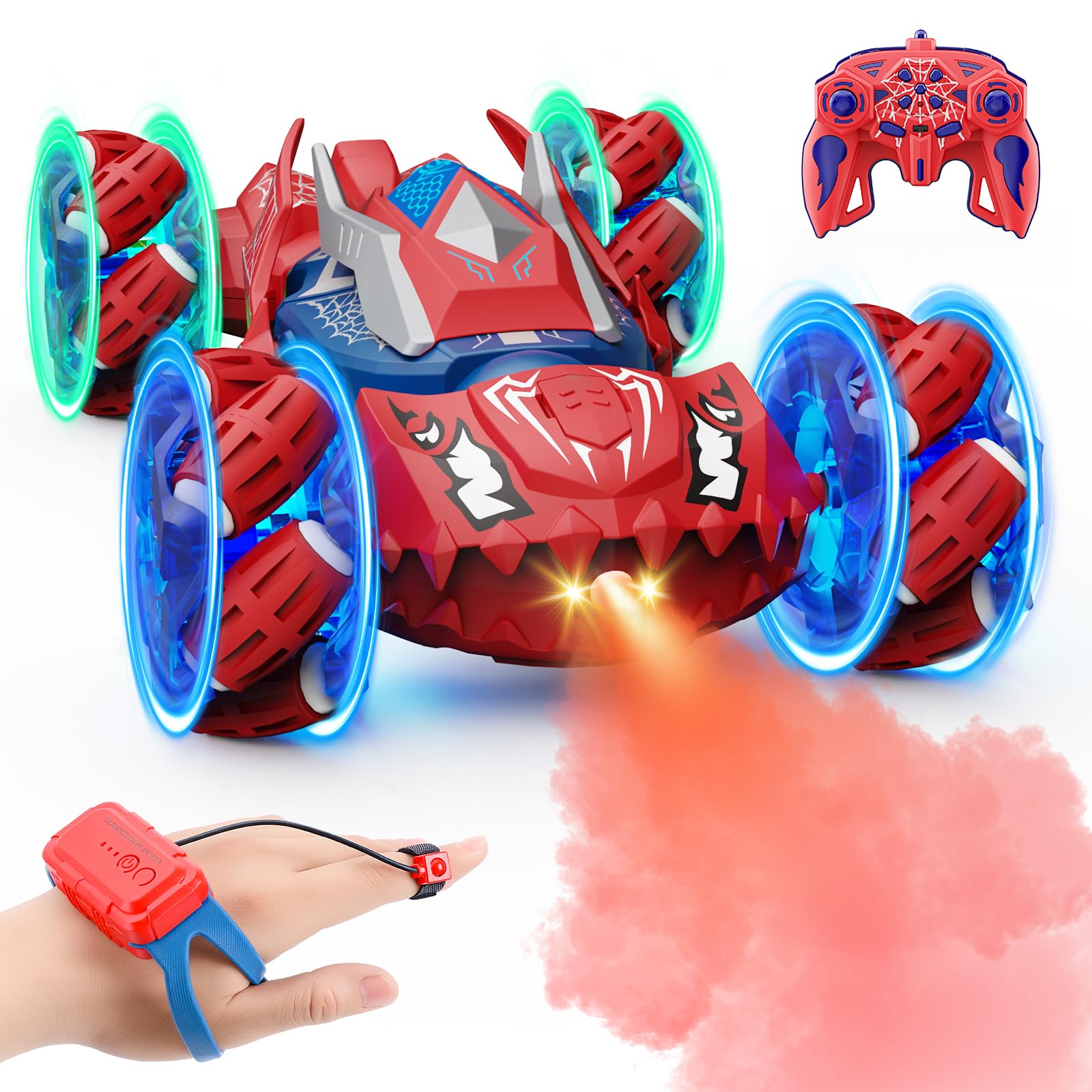 Qryselen Remote Control Car, RC Cars Toys for Ages 4-13, Double Sided 360°Flip 2.4GHz 4WD Rechargeable Drift RC Race Car with LED Lights Boys Girls Toys (Red)