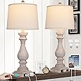 Cinkeda 29" Tall Table Lamp for Living Room Set of 2,Vintage Bedside Nightstand Lamps with USB C+A Ports & AC Outlet,3-Way Dimmable Touch Control White Washed Finish Desk Lamp for Bedroom,Color 2