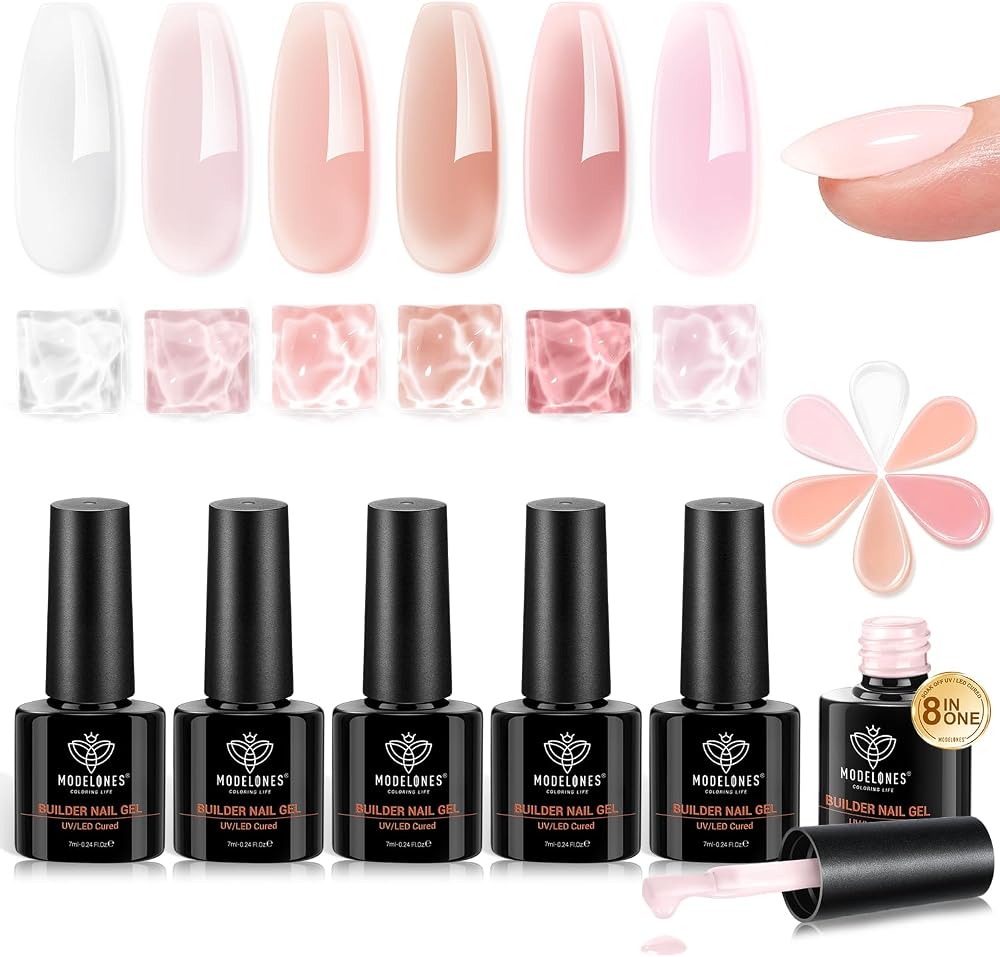modelones Builder Nail Set, Builder Base Colors Jelly Nude Pink 6 Colors | Hard Strengthener Rubber Gel Polish 8-in-One Exten