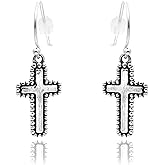 Paz By Danny Newfeld 925 Sterling Silver Cross Dangle Earrings For Women Hammered Texture Design | Shepherd’s Hook For Pierced Ears