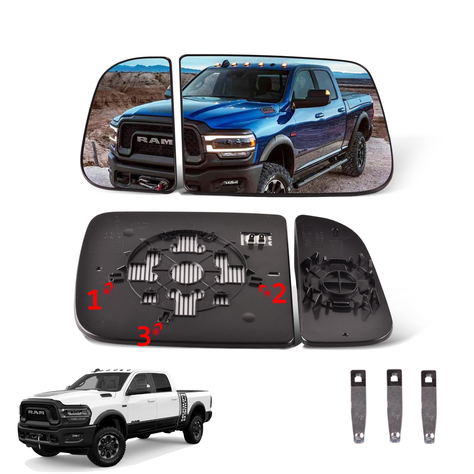 Photo 1 of GrteRokky Driver Side Upper & Lower Side Mirror Glass Compatible for 2010-2020 Dodge Ram 1500 2500 3500 Tow Big Lens with Holder Heated Replace 68067729AA 68067731AA