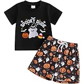 Eadrioss Toddler Boy Halloween Outfit Pumpkin Embroidery Short Sleeve Shirt Plaid Shorts Toddler Boy Halloween Clothes