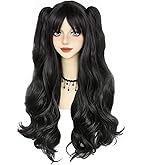 ANOGOL Hair Cap+ Black Pigtail Wigs Clip-on Double Pigtails Wig Long Black Cosplay Wigs for Women Lolita 2 Ponytails with Clips Synthetic Hair for Halloween Costume Party