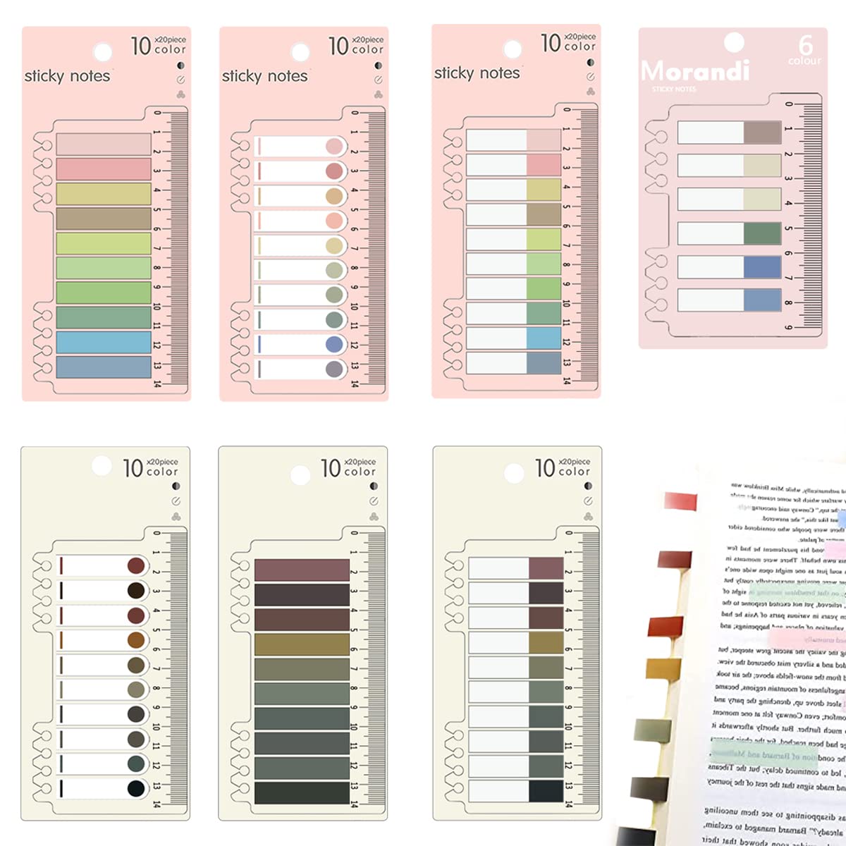 YiThao 1320 Pcs Index Tabs with Ruler Sticky Tabs 7 Designs Morandi Sticky Notes Writable and Repositionable File Tabs Flags for Reading Notes, Notebook Label, Book Page Markers, Classify Files