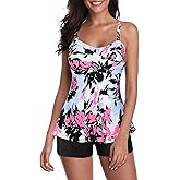 Century Star Womens Athletic Swimsuits for Women Two Piece Tankini with High Waisted Boyshorts Floral Printed Bathing Suits F3 White Red 16-18