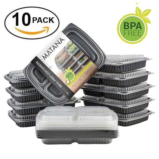 Contenedor con compartimientos para alimentos / Lonchera Bento Box con tapas / Almacenamiento de Alimentos / Envase Para Comida Preparada / Apto Para Control de Porción / Reutilizable, Calidad Premium Plástico, Negro Recipientes Apilables / Aptos Para Microondas, Congelador Y Nevera / Viaje, Trabajo, Gym, Escuela (Paquete de 10)