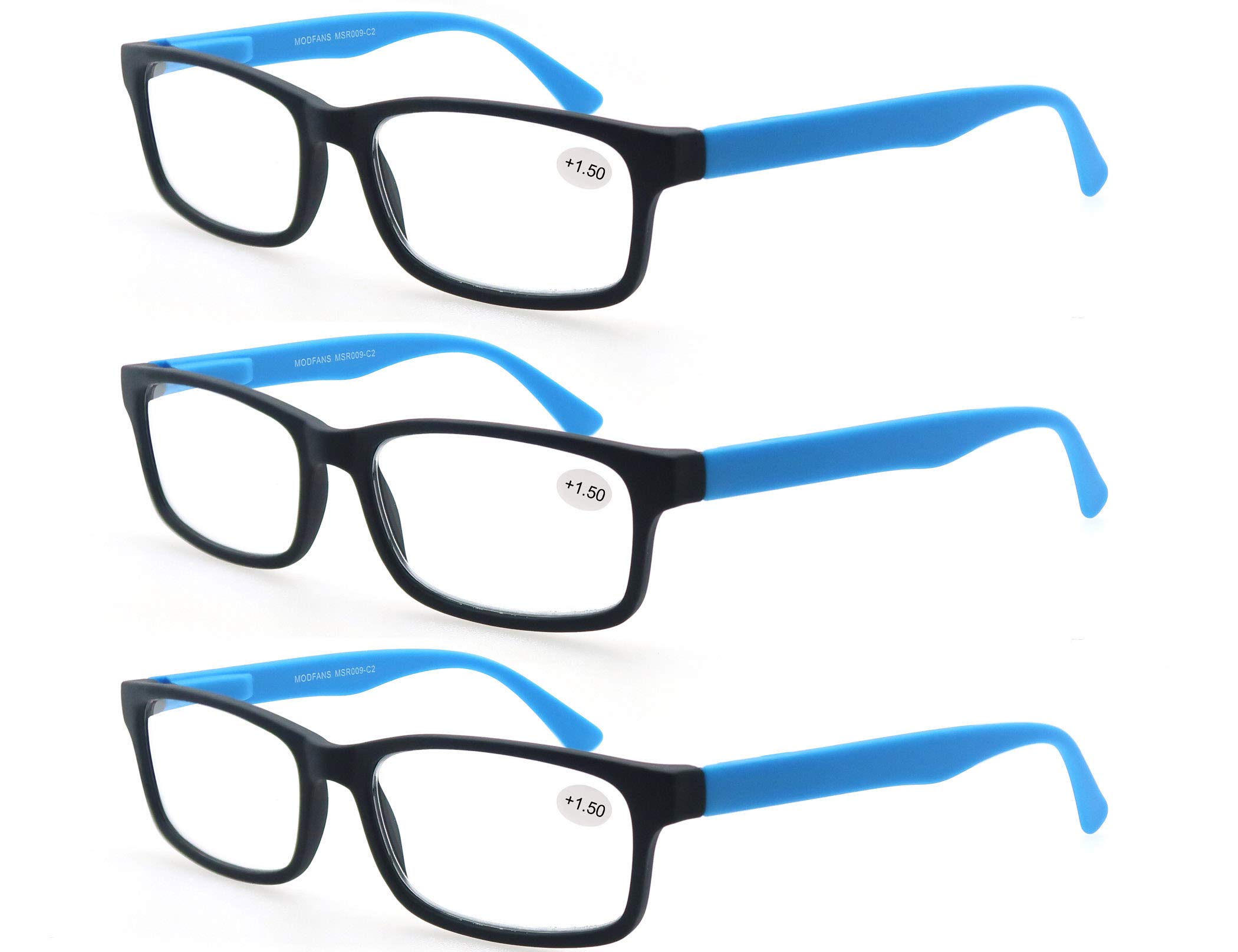 MODFANS Reading Glasses 2.0 Men Women 3 Pack,Rectangular Clear Lens Comfort Spring Hinge Eyeglasses,Stylish Lightweight Plastic Readers with Pouch (3 Blue)