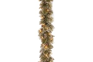 National Tree Company 6 ft Pre-Lit Glittery Bristle Artificial Christmas Garland, Christmas Decoration with Pinecones, 50 Warm White LED Lights, 138 Tips, Timer, Green