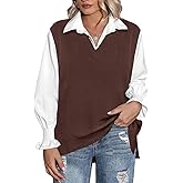 CARCOS Plus Size Sweater Vest for Women V Neck Sleeveless Sweaters Knit Solid Brown Casual Preppy Style Pullover Tops JK Uniform Vest Tank Tops XL 14W 16W