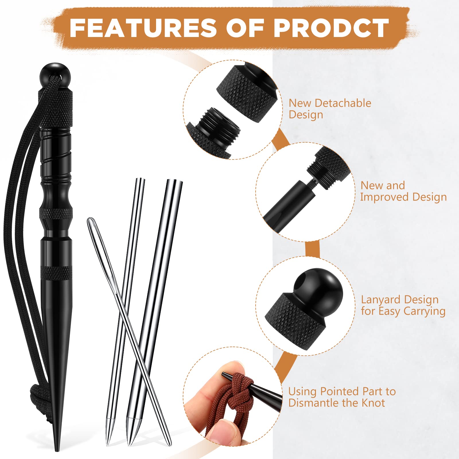 Shimeyao 12 Pcs 2025 Update Paracord FID Knotter Tools Set Stainless Steel Marlinspike Set Stitching Lacing Needles Smoothing Knotter Tools for Marlinspike Paracord Leather Other Cords(Black)