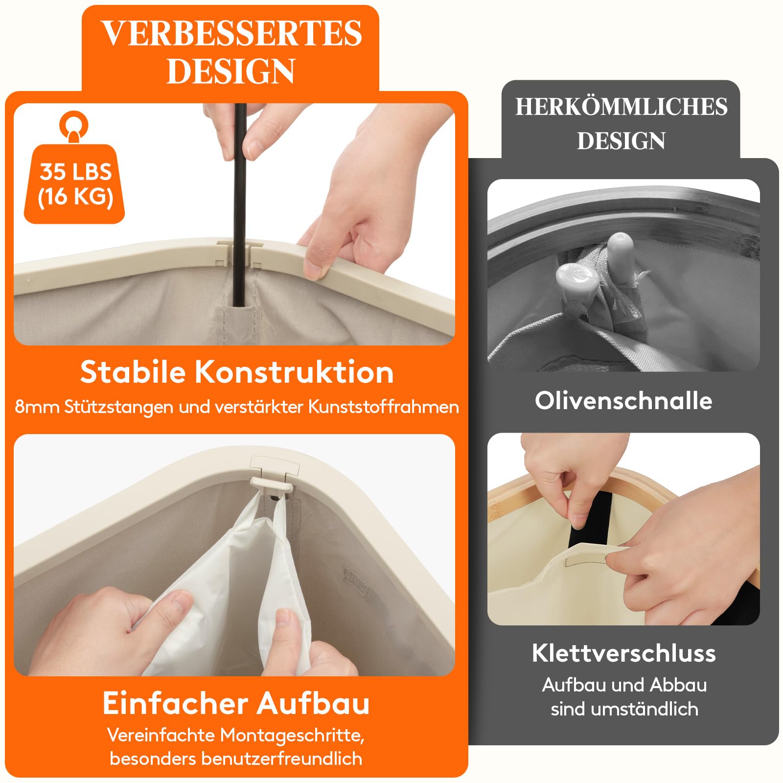 Lifewit Wäschekorb mit Deckel, 85L Wäschesammler mit Kunststoffrahmen, faltbarer großer Wäschesortierer, Wäschekörbe für Schlafzimmer, Bad, Beige 4