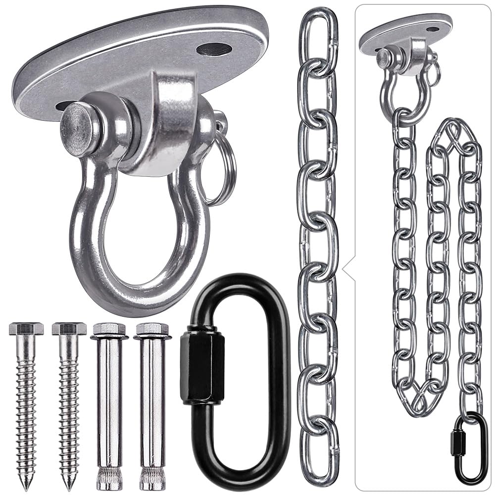 BeneLabel Swing Hanger, Hammock Chair Ceiling Hook Swivel Mounting Bracket Carabiner with 100cm Silver Chain Hardware Set for Wood/Concrete Yoga Rope/Aerial Hoop/Punching Bag Suspension Kit, 1000lbs