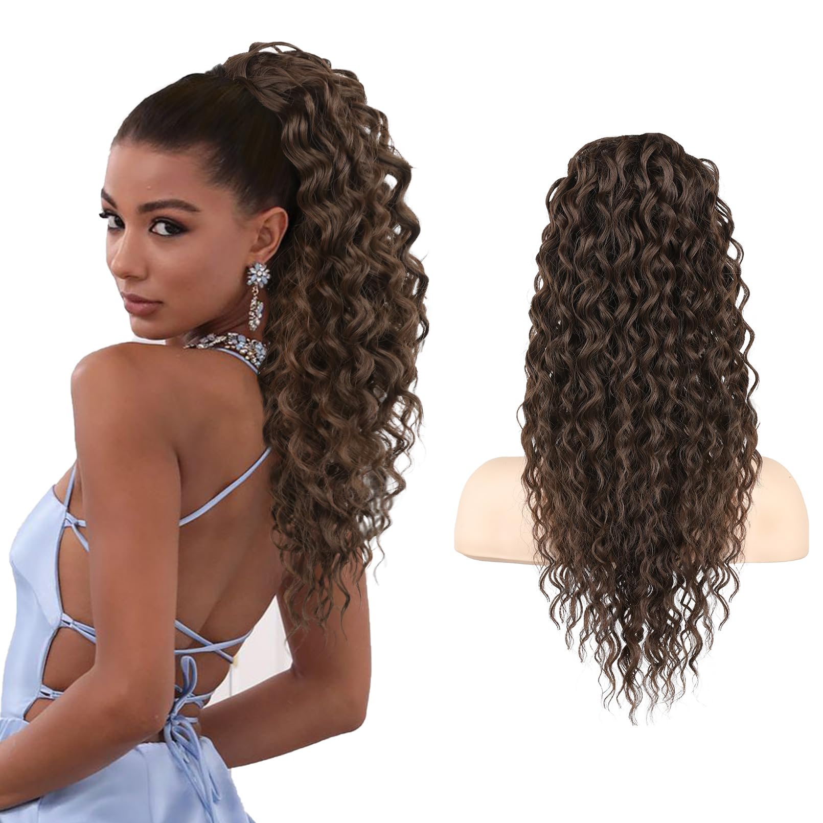 Photo 1 of SEIKEA Ponytail Extension, PT005 Isabella 22" Long Bohemian Curly Drawstring Ponytail Light Fluffy Multi Layered Clip in Hair Extensions Ponytail Natural Soft Synthetic Hairpiece Dark Chocolate Brown