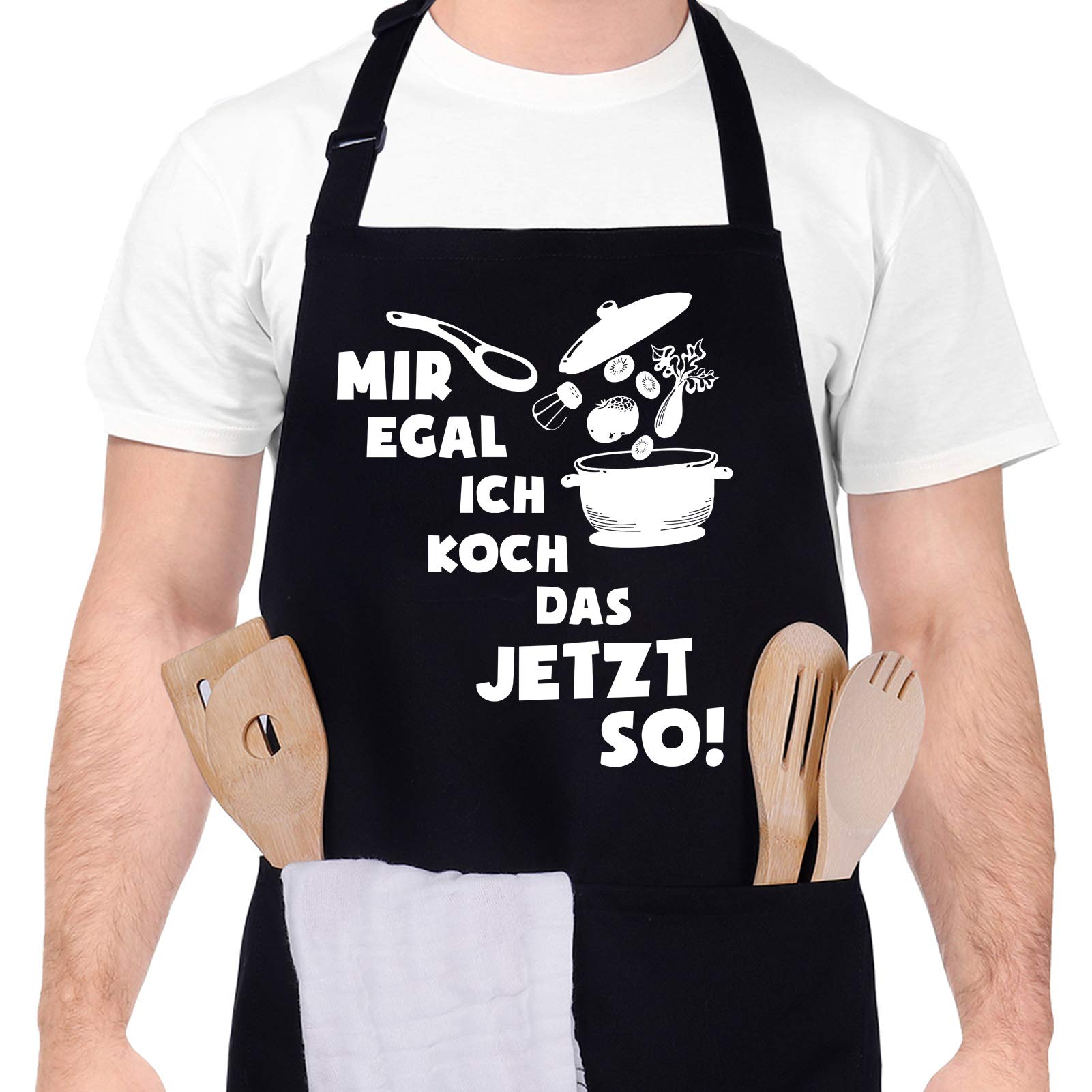 upain Cooking Apron for Men Barbecue Apron Cotton Funny Kitchen Apron Adjustable Neck Strap Two Front Pockets for Kitchen Cooking Grill-Mir egal ich koch das jetzt so, black, One Size