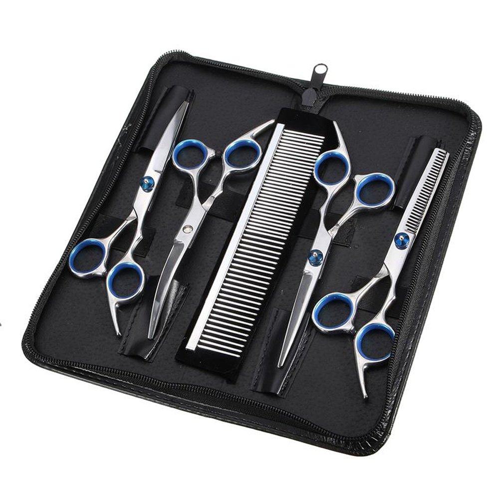 Hundeschere Fellschere für Hunde Katze 5-in-1 Scharfe Gebogene Schere Set Dog Grooming Set für Gesicht, Körper, Ohren