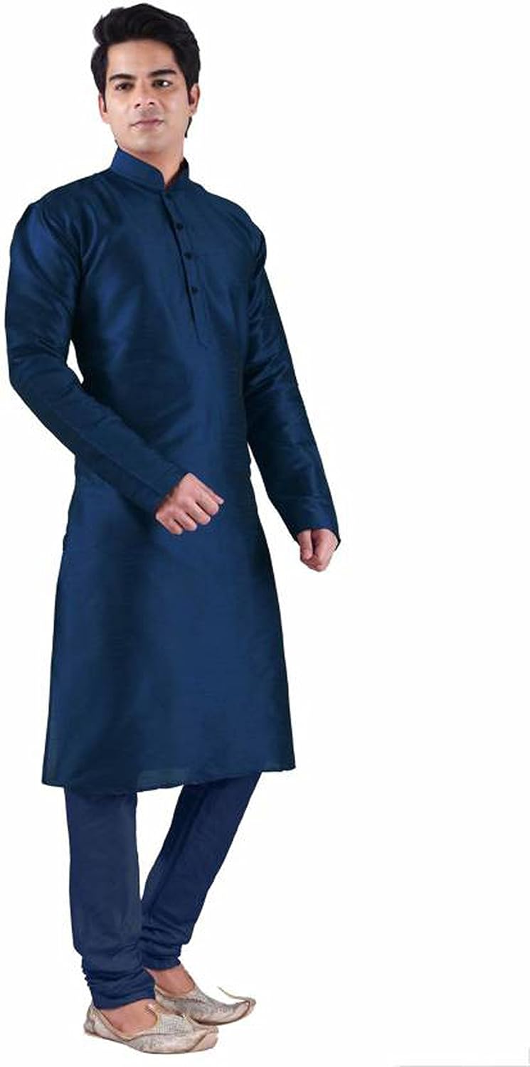 unm men's dupion silk blend traditional blue kurta pyjama set