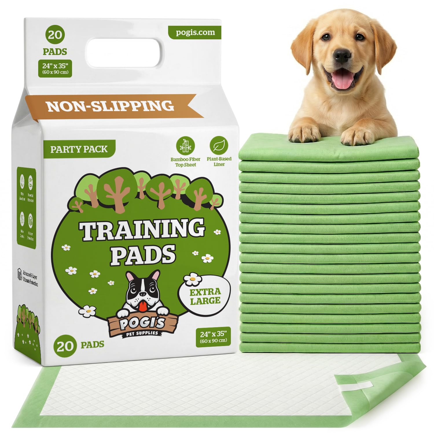 Pogi's Dog Training Pads with Sticky Tabs – Eco-Friendly, Odour Blocking & Super Absorbent – 20-Pack (60 × 90 cm)