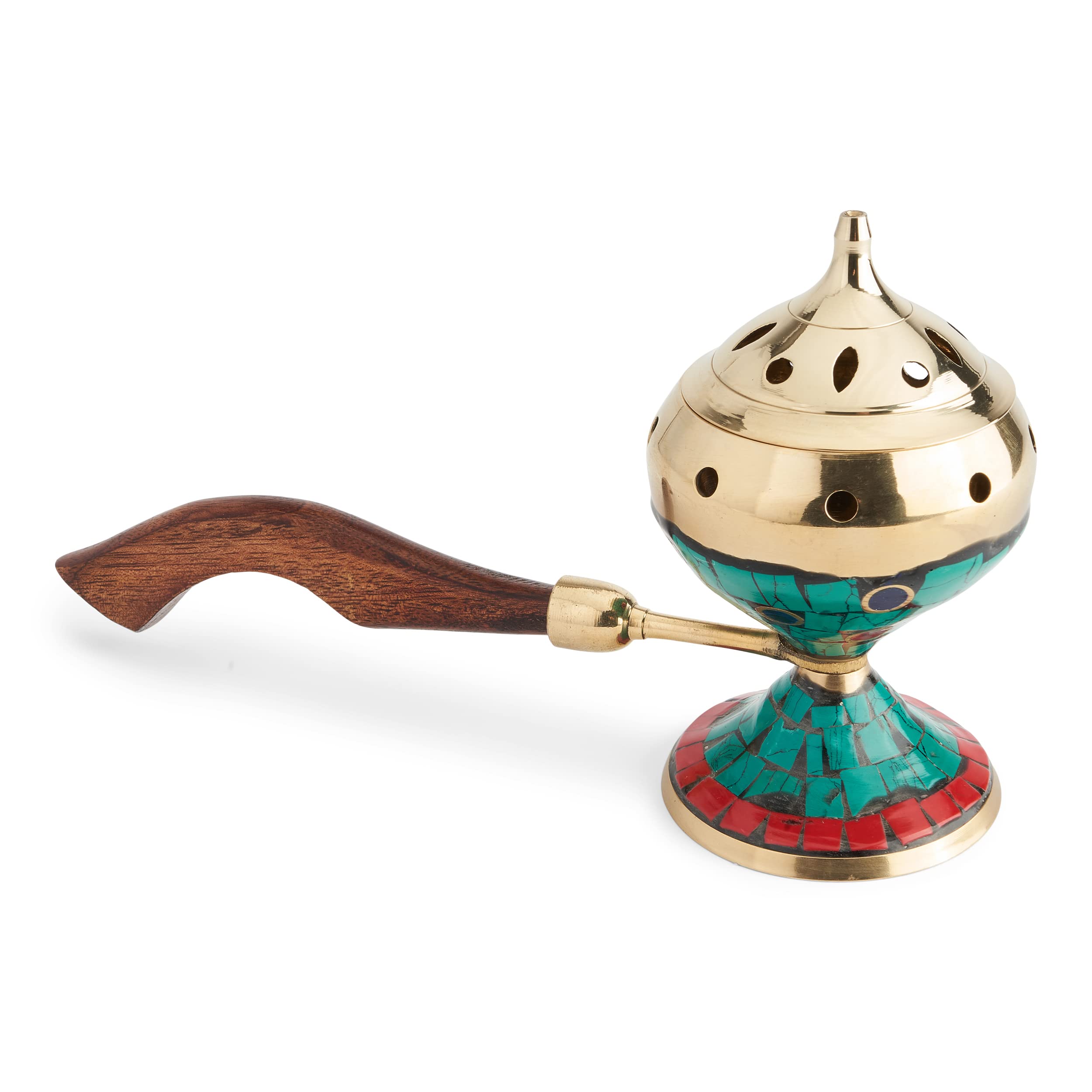 NKlaus incense burner with wooden handle and stones brass incense burner turret lid 39143