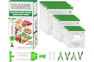 SOUSVIDE ART 37pcs Reusable Vacuum Seal Bags with Vacuum Sealer - 30 Cooking and Storage Bags of 3 Sizes with Pump and Sous Vide Cooker Accessories - Food Safe Kit, Keeps Food Fresh