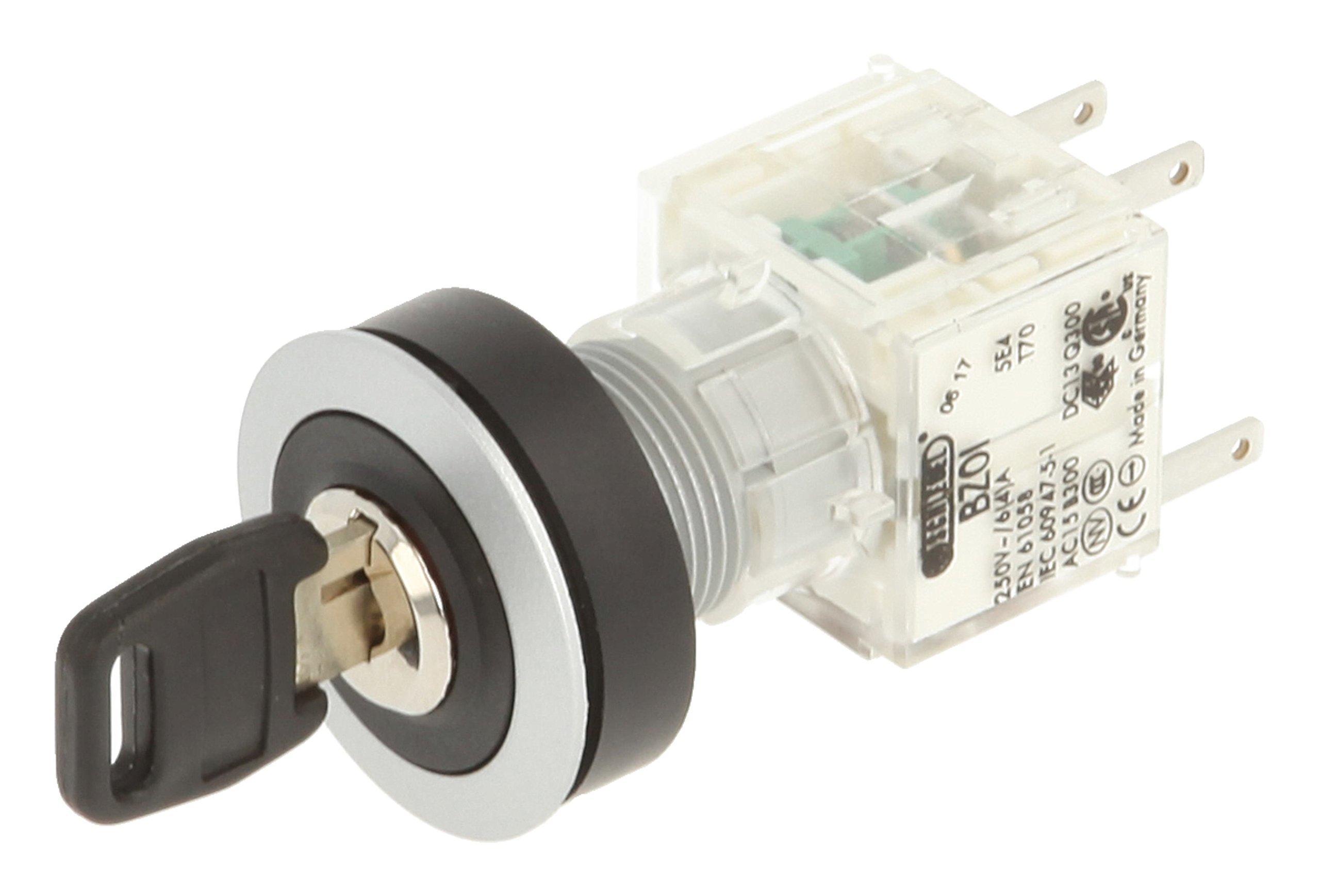 Schlegel 23.001.465 Key Switch Silver-Coloured, Locking, 3 Positions 9-12-15 o'clock, Push Contact Sensor 1 Opener/1 N/O Contact