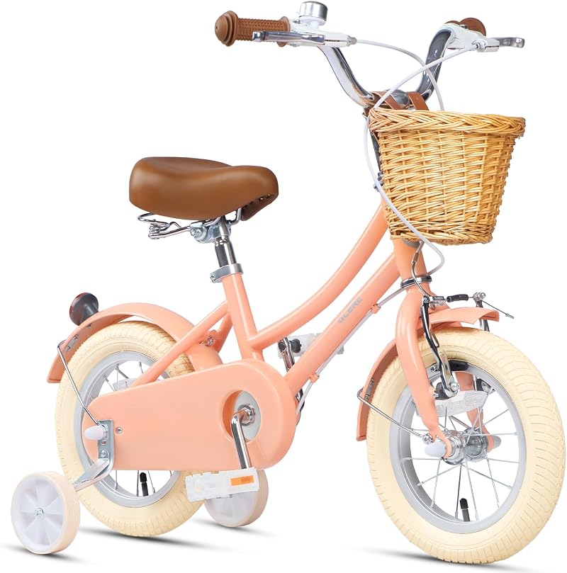 Glerc 12 Inch Kids Bike for Girls Peach with Basket Stabilisers Bell